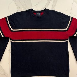 American Eagle Men’s Sweater Navy Blue With Red and Cream Stripe size-Large